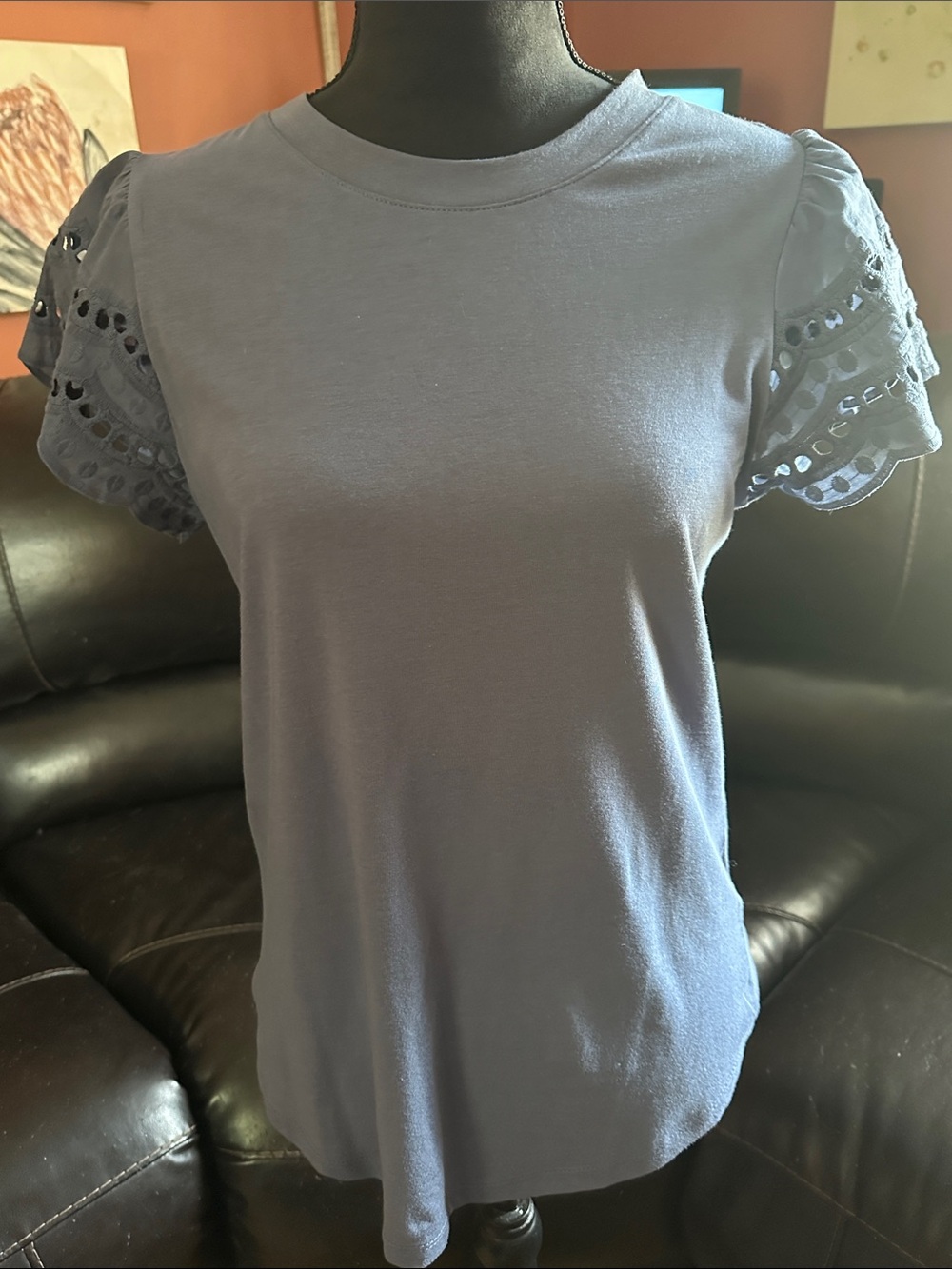 C&C California blue Eyelet Puff Sleeve Tee